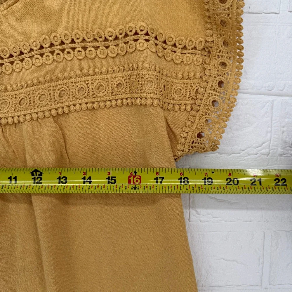 Flower & Feather Crochet Lace Blouse Women Size L Mustard Yellow Boho Top L